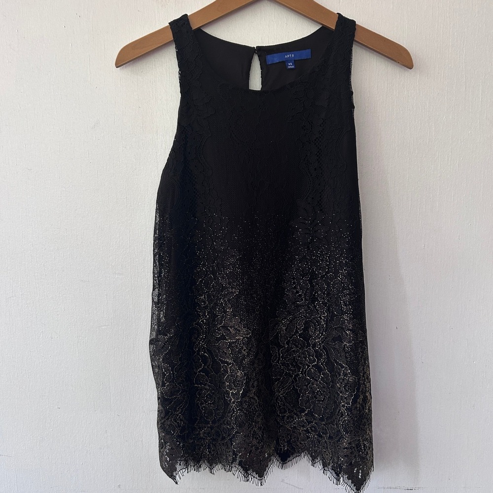 Apt 9 Lace Tank Top Womens XS Black Gold Ombre Metallic Eyelash Hem Glam Holiday